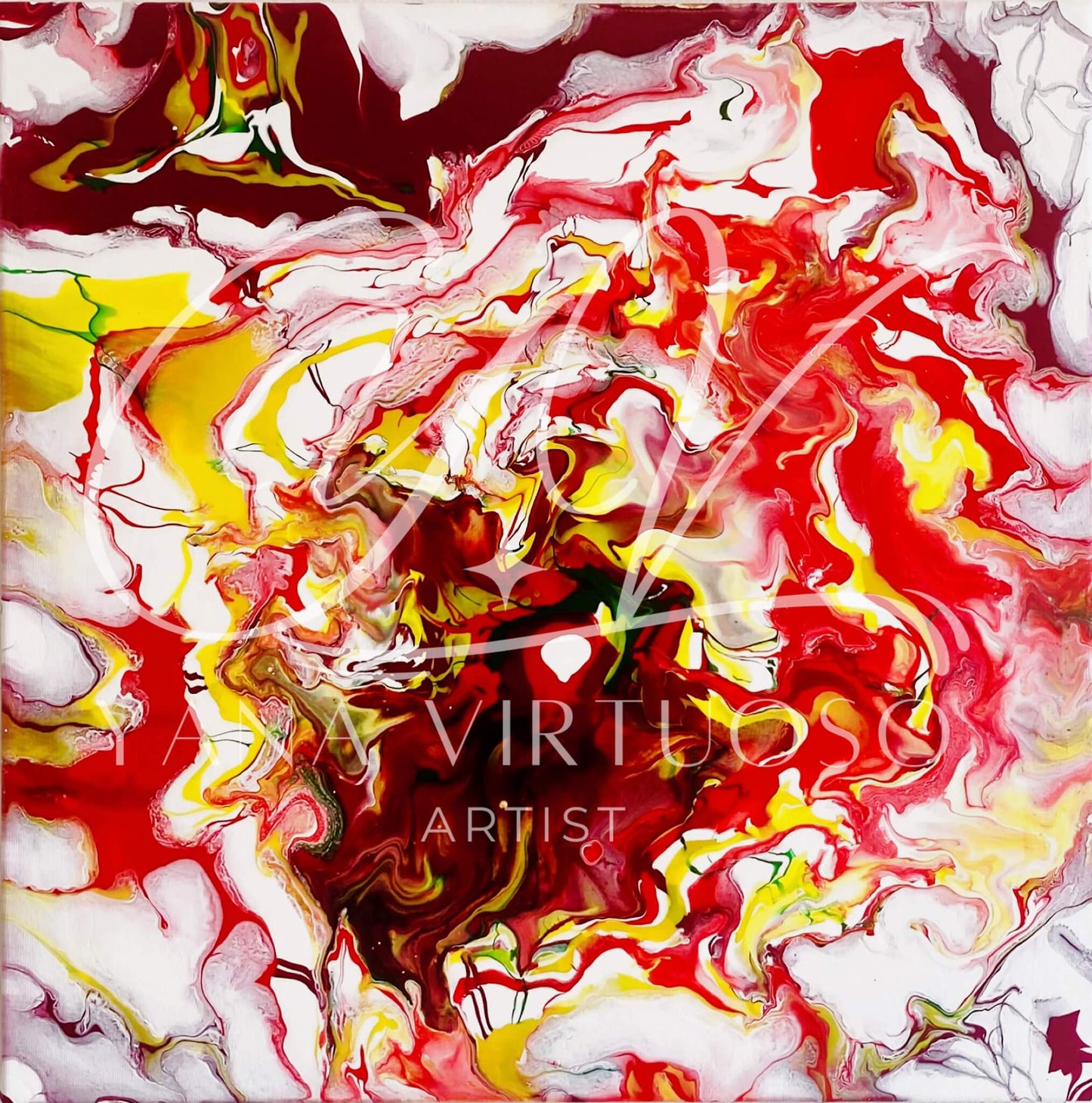 This close-up view of the "Bonfire" painting reveals the details of the fluid art technique employed to create this masterpiece. Dynamic swirls and whirls of colors — red, yellow, green, and burgundy — forge the impression of a roaring bonfire, recreating a vivid, almost glowing energy of fire. The viewer can almost feel the warmth emanating from the canvas, as the swirling patterns draw you in, invoking a sense of passion and vitality.