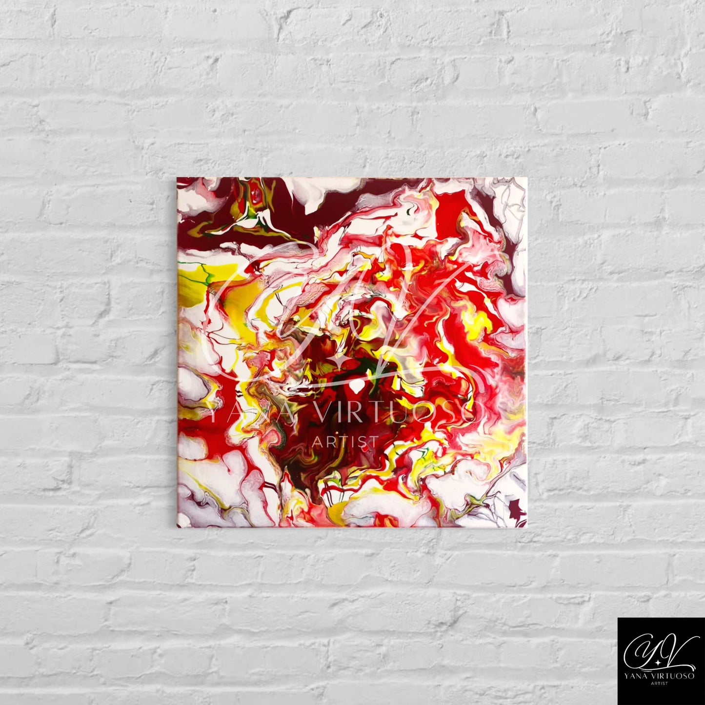 The "Bonfire" painting, hung against a wall, showcases how the artwork harmonizes with its surrounding space. The melted shades of the painting contrast beautifully against the plain, neutral wall, injecting the space with warmth and dynamic energy. It can be perceived as a vibrant focal point in the room, eliciting a bold yet elegant touch that both compliments and enhances the ambient setting.
