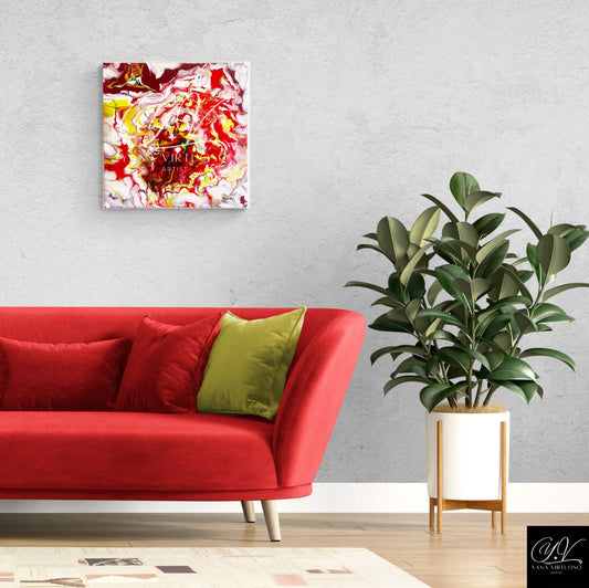 In this living room setting, the "Bonfire" painting stands as a vivid centerpiece, bringing warmth and a dynamic burst of color to the space, harmonizing beautifully with the room's décor. The artwork invokes a sense of vitality, showcasing the transformative power of art in a home setting.