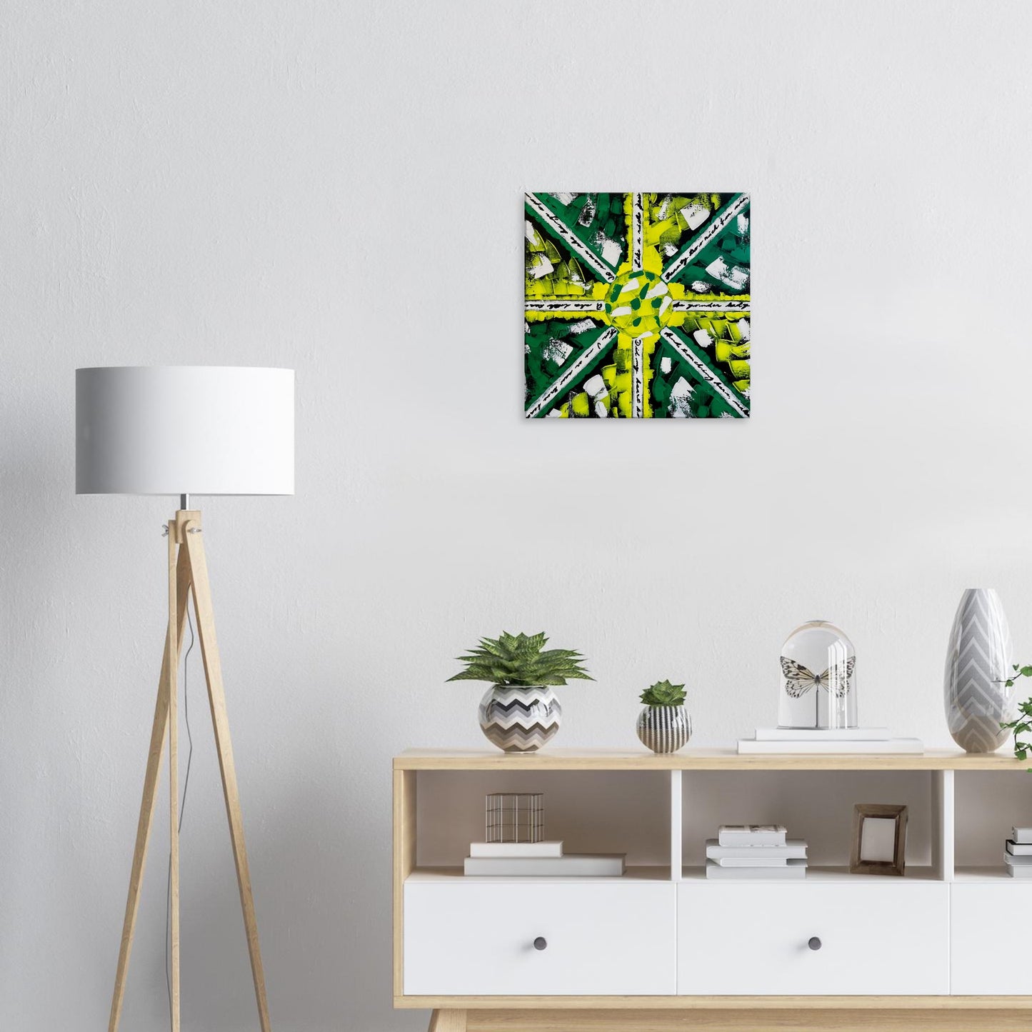 Yana Virtuoso's 'Encrypted Message' canvas print adorning a living room wall, inviting viewers into a world of abstract intrigue and color.