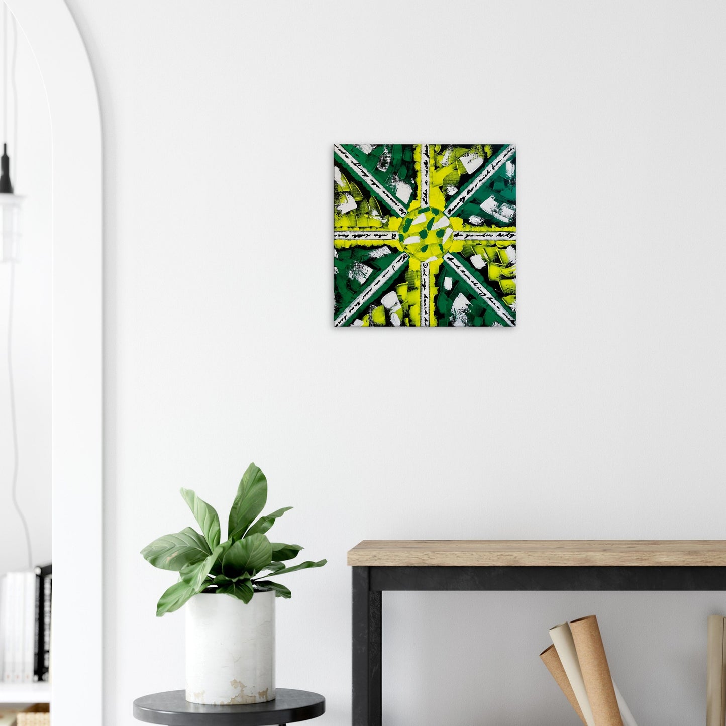 The 'Encrypted Message' canvas print by Yana Virtuoso displayed elegantly in a home setting, offering a mysterious artistic focal point.