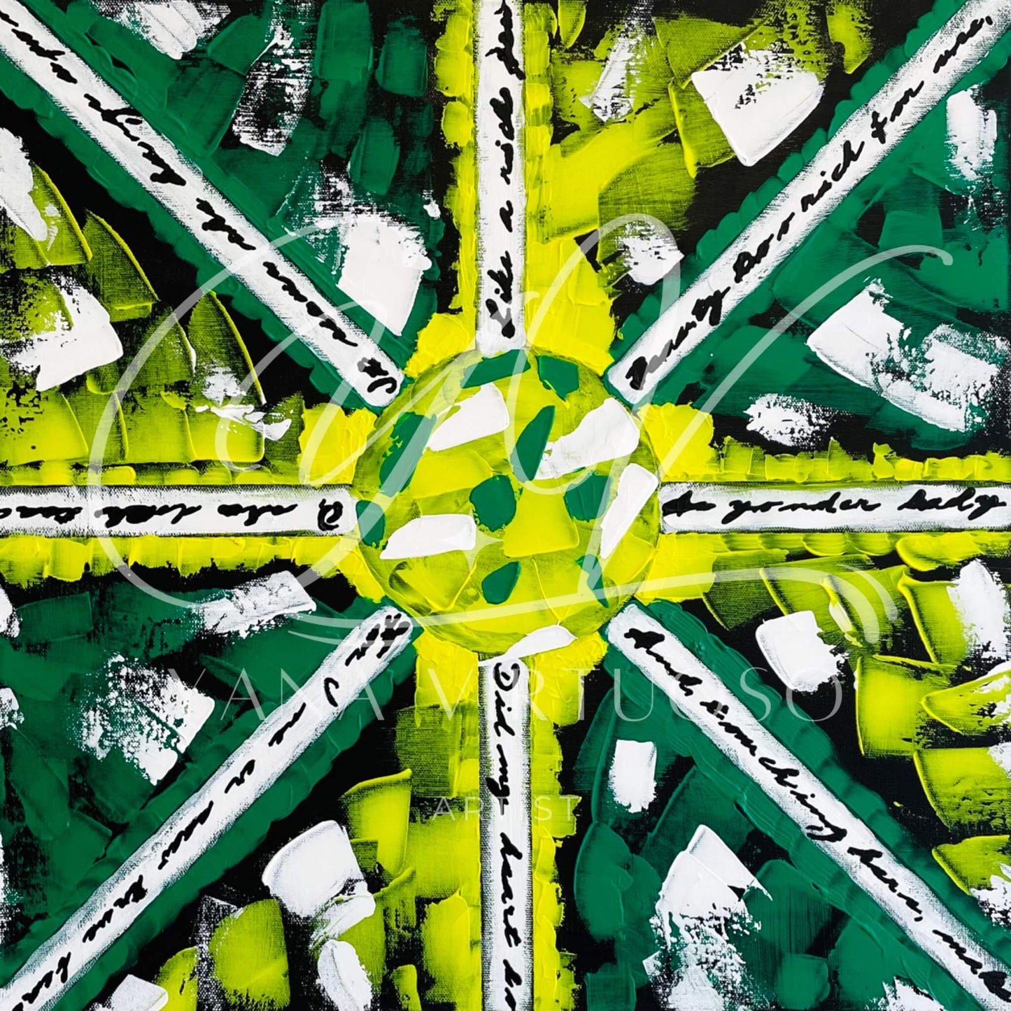 Close-up view of "Encrypted Message," highlighting the detailed brush and palette knife work, showcasing a rich palette of green, yellow, black, and white, and offering a glimpse into the painting's deeper narrative through its abstract patterns and textures.