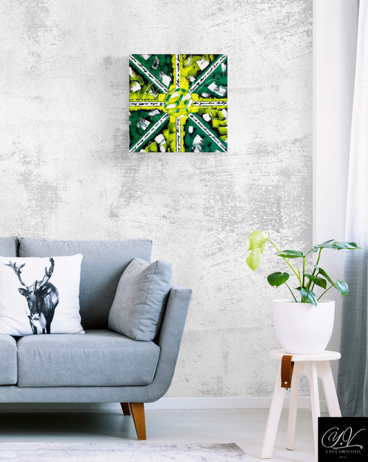 Wide shot showcasing "Encrypted Message" in a living room setting, complementing the room's décor and inviting viewers to immerse themselves in its intricate patterns, a canvas that encourages introspection and contemplation, blending seamlessly into the surroundings while adding a layer of depth and artistic flair.