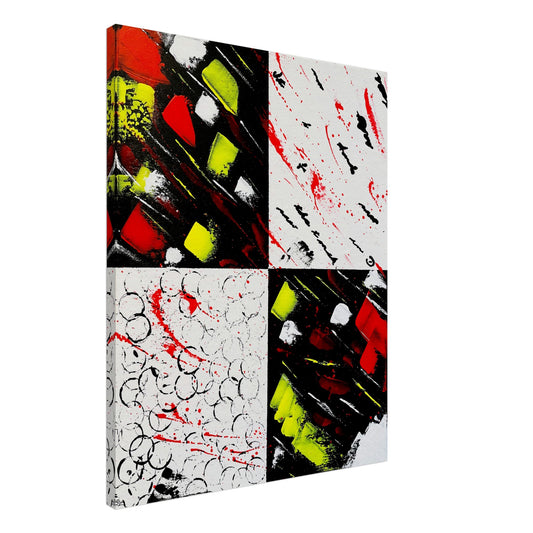 Close-up view of "Flight of Human Emotions" revealing the vibrant interplay of red and yellow hues with expressive brush strokes and splashes against a canvas divided into black and white sections, symbolizing a range of emotions.