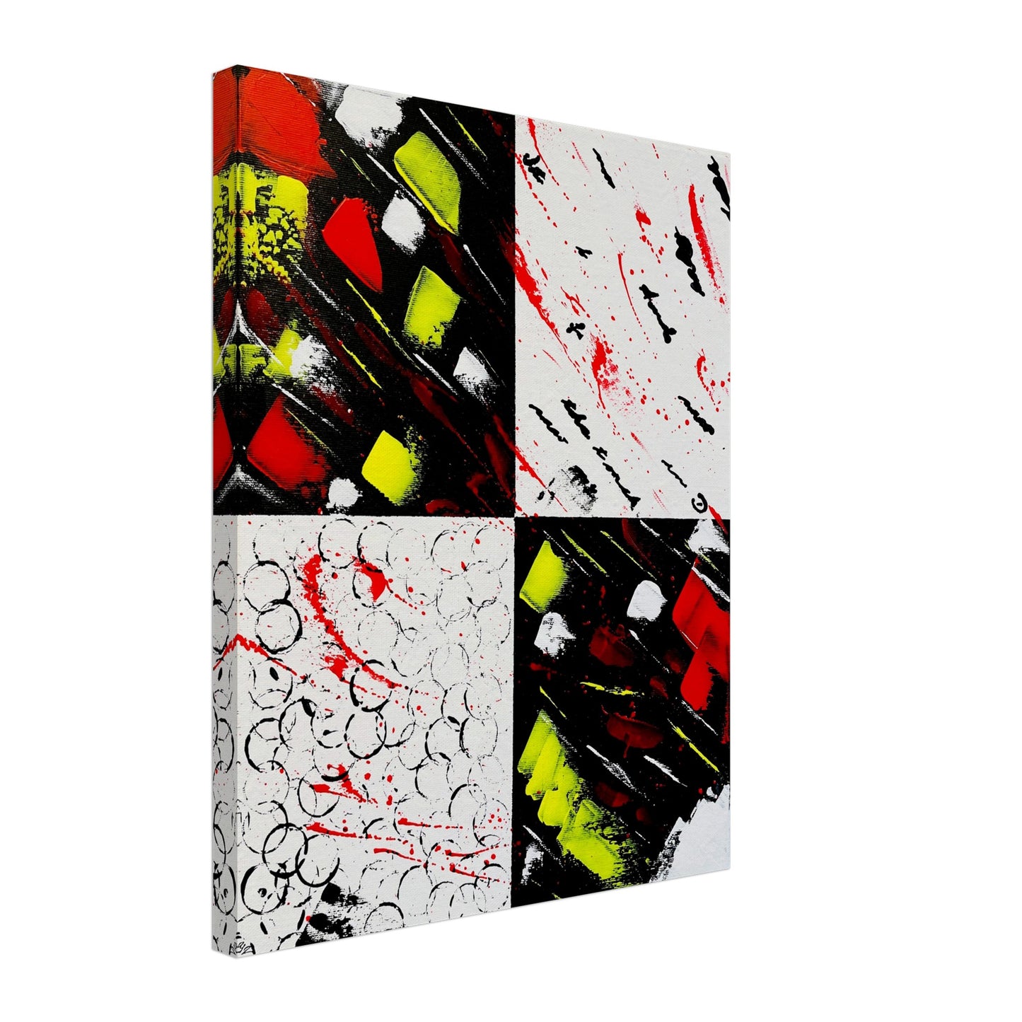 Close-up view of "Flight of Human Emotions" revealing the vibrant interplay of red and yellow hues with expressive brush strokes and splashes against a canvas divided into black and white sections, symbolizing a range of emotions.