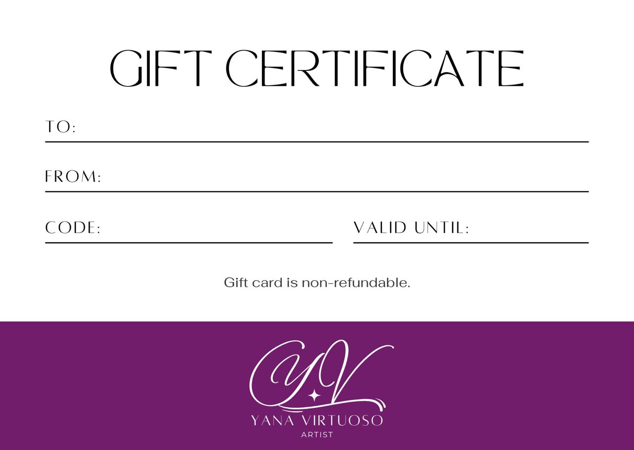 Elegant and sophisticated digital gift certificate by Yana Virtuoso, showcased on a festive backdrop.