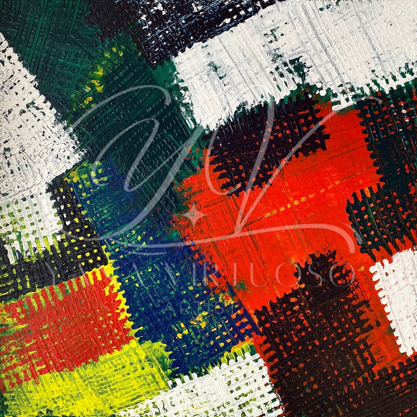Vivid close-up of 'Hashtag' painting, showcasing the expressive palette knife technique and bold colors by Yana Virtuoso." Hanging on a Wall