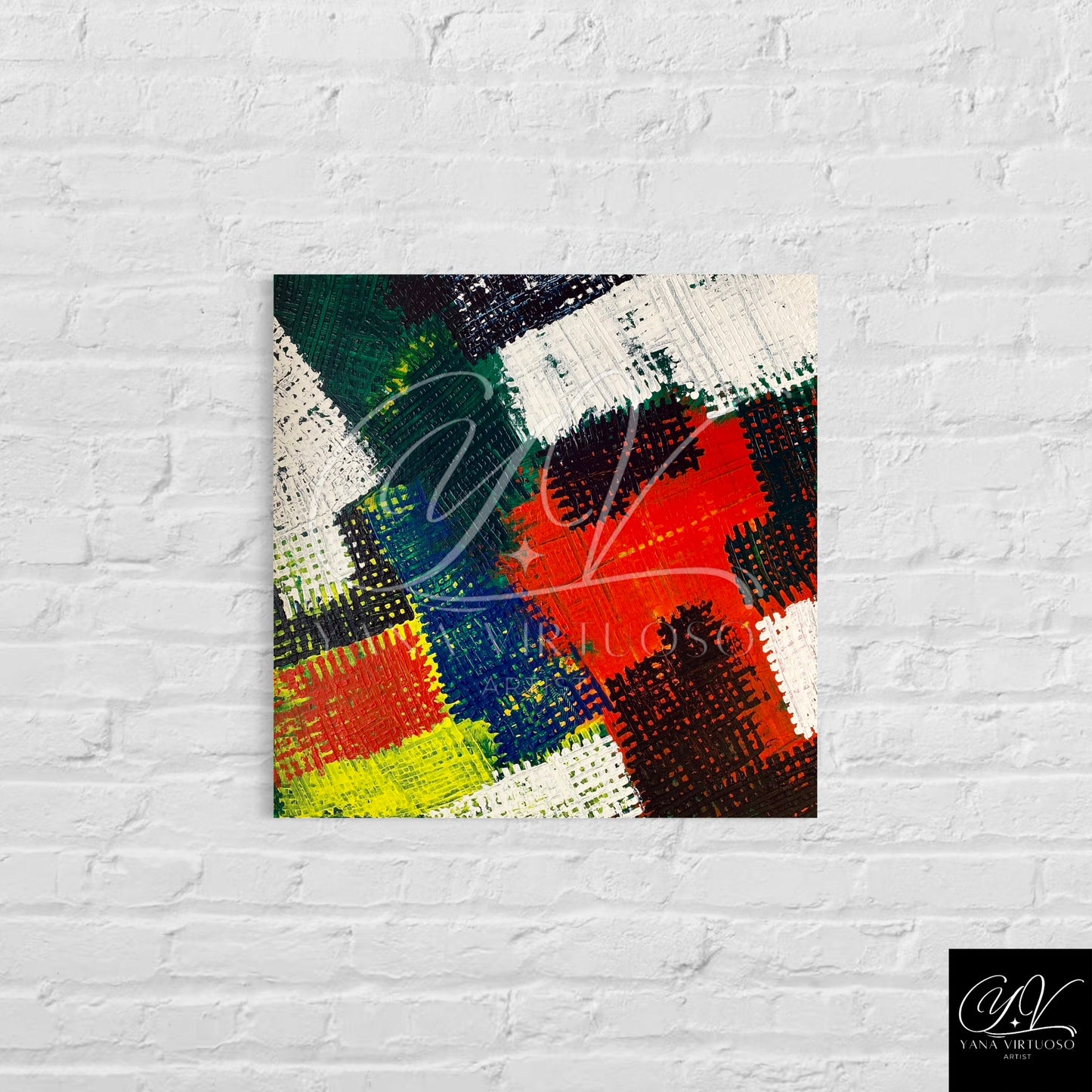 Abstract 'Hashtag' painting by Yana Virtuoso, a statement piece against a white wall, evoking thought and modern aesthetic." Medium Shot in Interior
