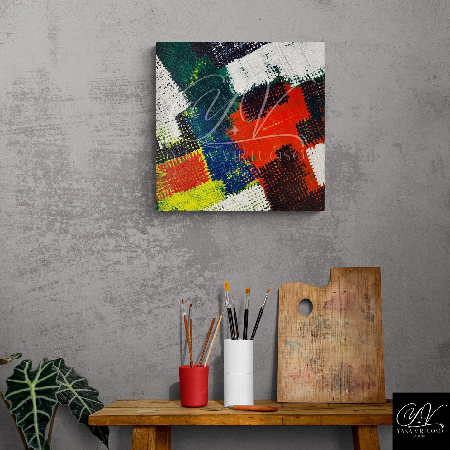Modern 'Hashtag' artwork by Yana Virtuoso displayed in an interior setting, blending vibrant art with contemporary home decor." Long Shot in a Living Room