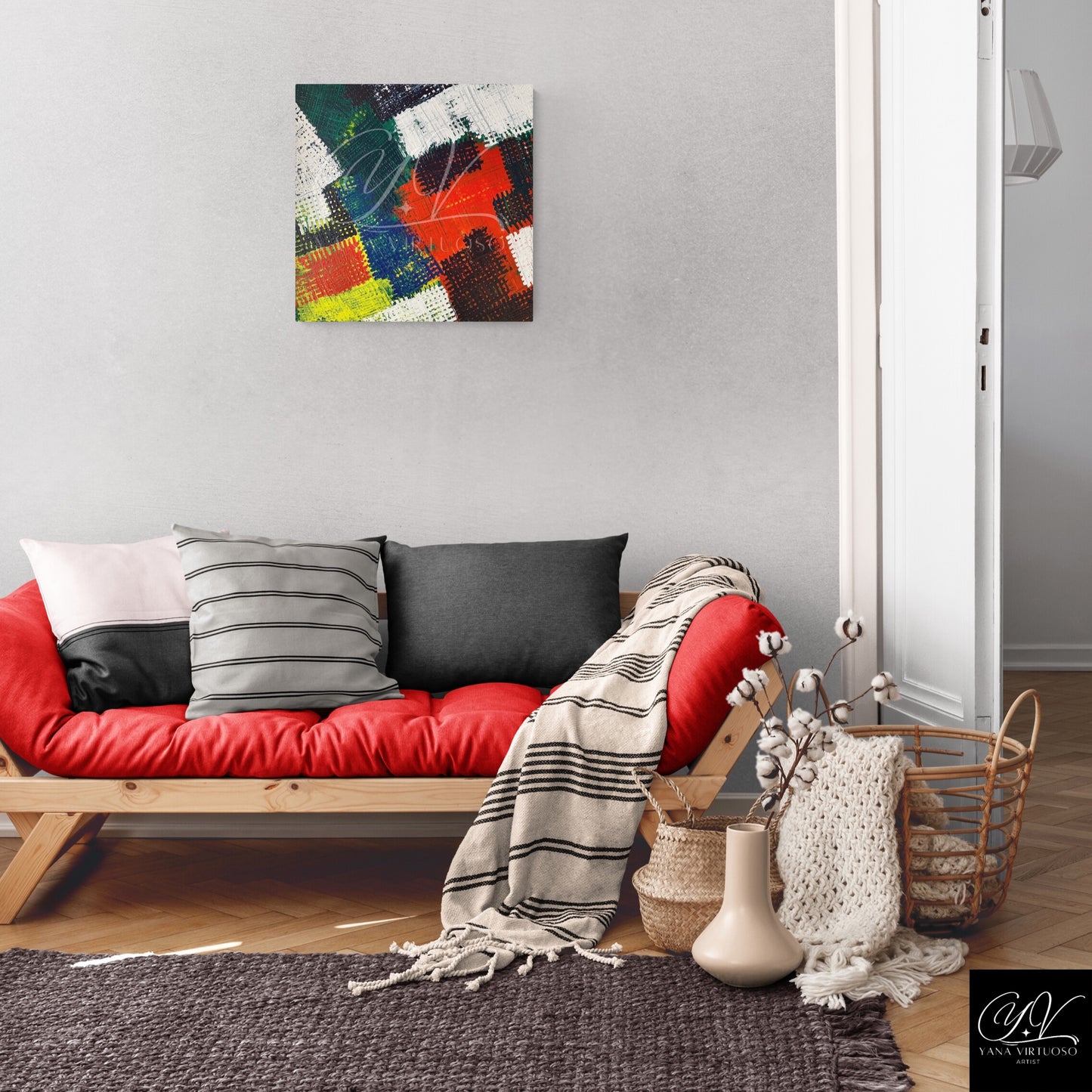 Yana Virtuoso's 'Hashtag' painting in a living room scene, adding a splash of color and abstract intrigue to the cozy space.