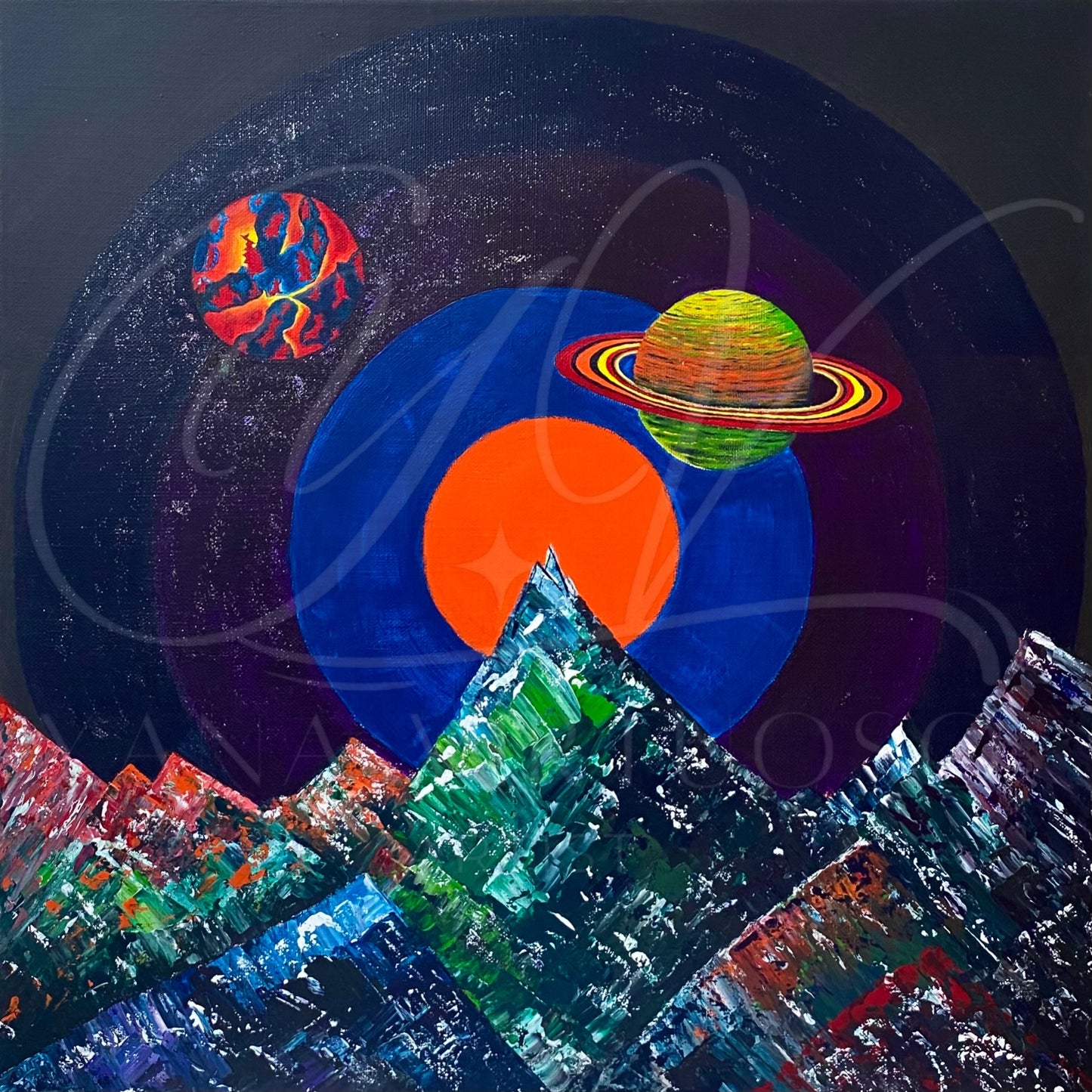 Detailed view of 'Manifestation' painting, with rich textures and cosmic colors, a signature piece by artist Yana Virtuoso.