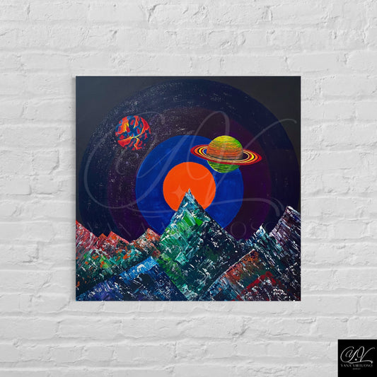 Manifestation' by Yana Virtuoso, a cosmic-themed painting, adds a touch of the universe's mystery to the plain white wall it adorns.