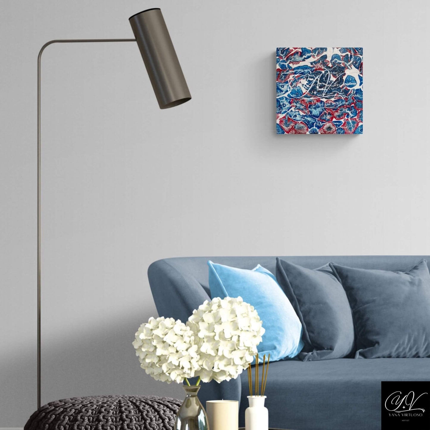 Full view of the living room interior featuring the "Marine Animals" painting, harmoniously complementing the space with its vibrant colors and fluid art depiction of underwater wonders.