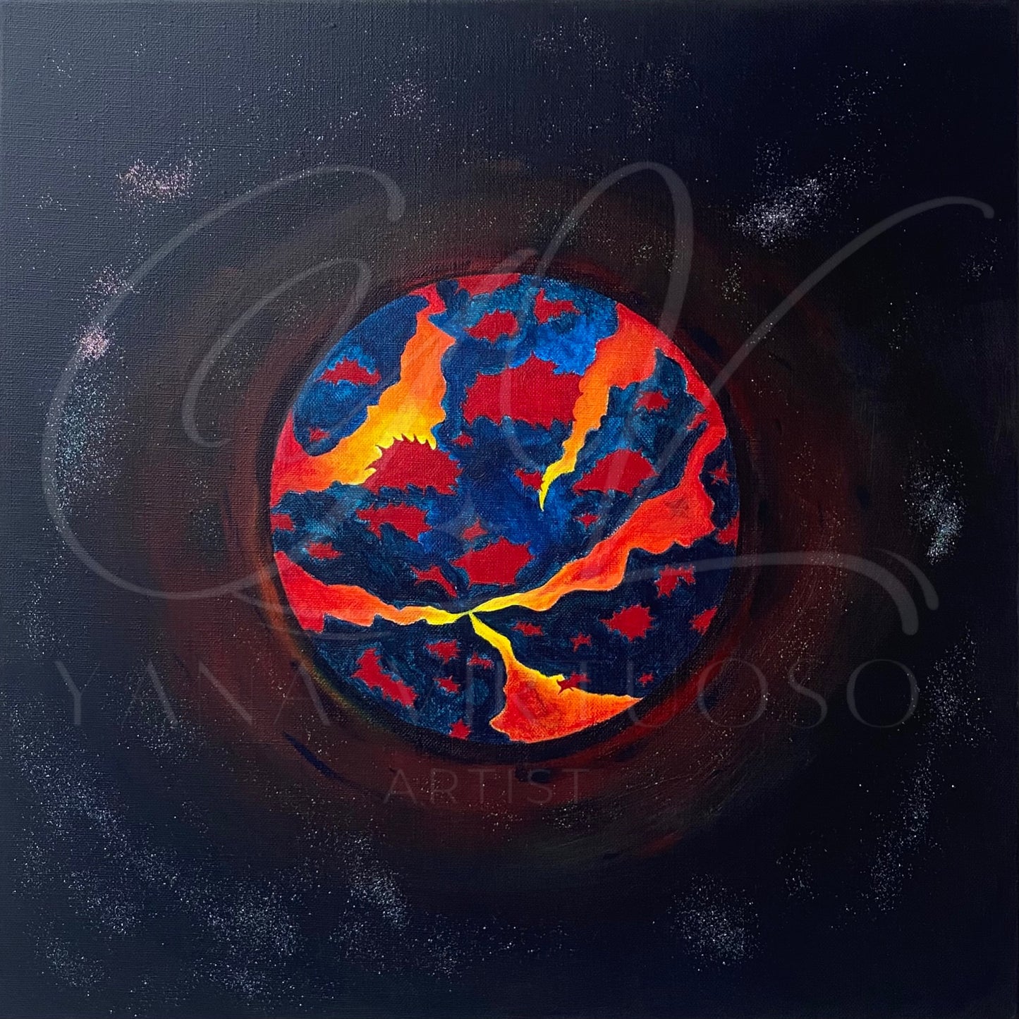 Up-close view of 'Martian Force' painting by Yana Virtuoso, depicting vibrant Martian-inspired hues on canvas for an impactful display.