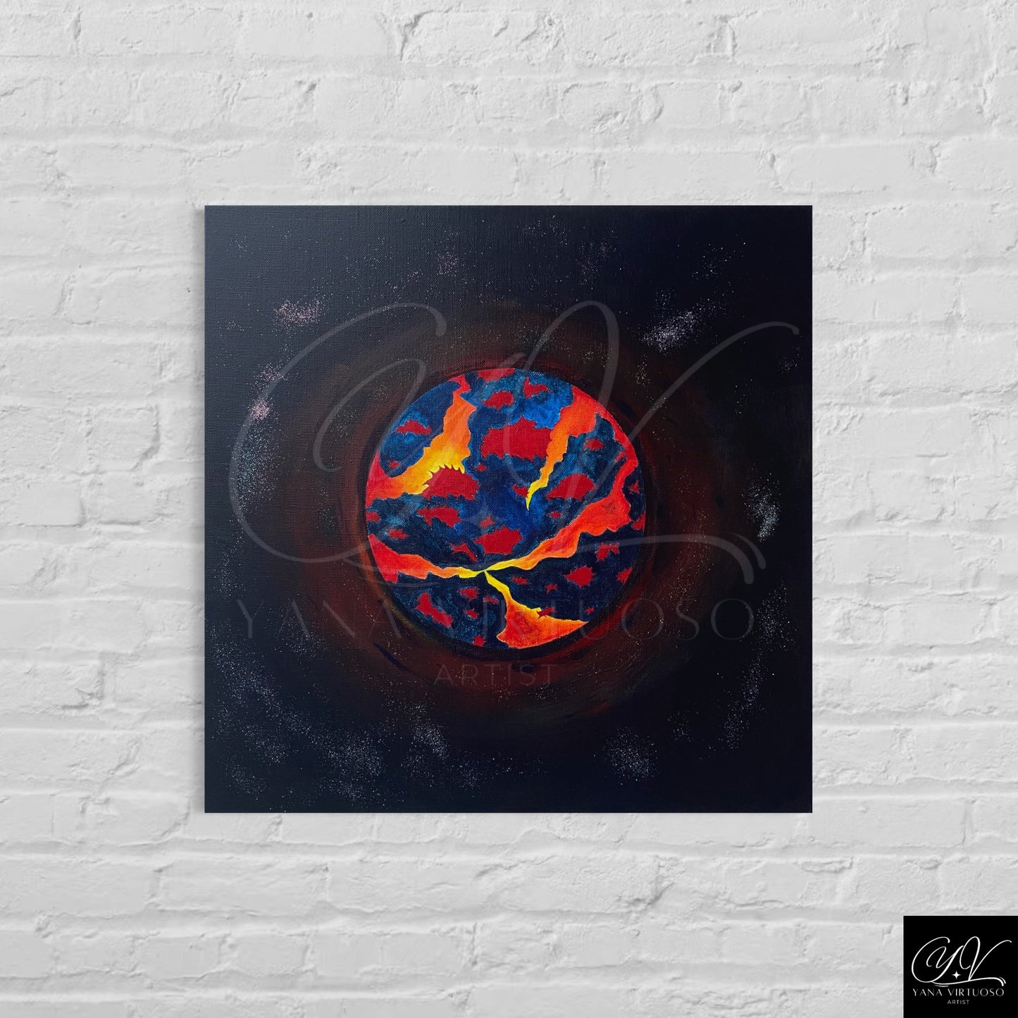 Yana Virtuoso's 'Martian Force' abstract painting, mounted on a white wall, captures the fiery essence of Mars in bold red and blue.