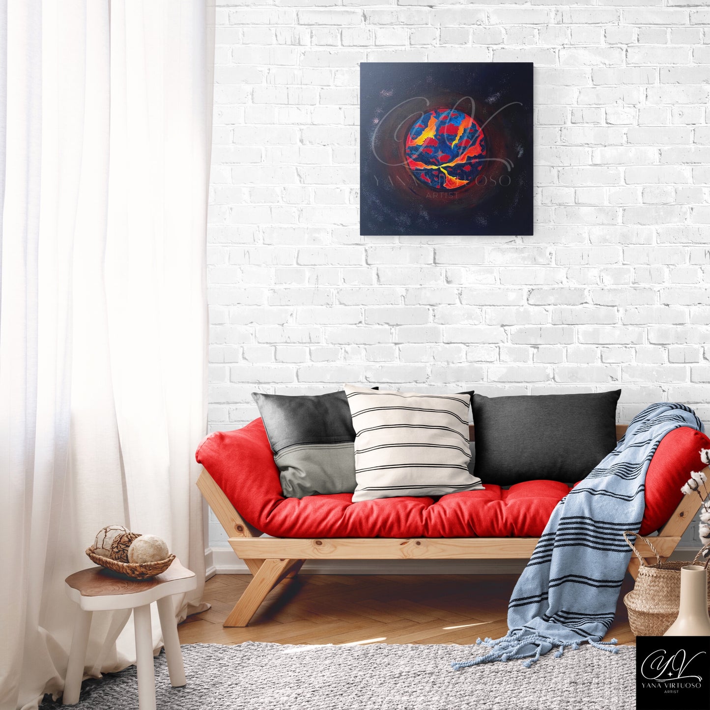 The 'Martian Force' artwork by Yana Virtuoso hangs in a living room, adding a cosmic touch with its vivid planetary colors and textures.