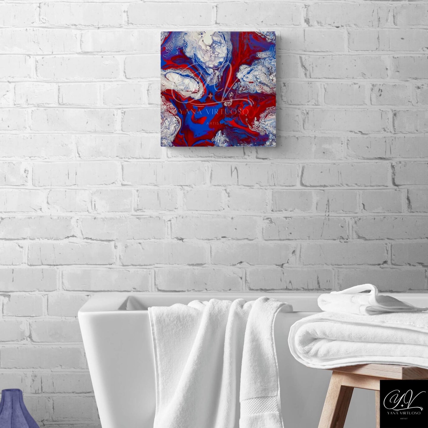 Full view of the "Mountain Rivers" painting set within an interior space, offering a glimpse of how the artwork brings vibrant colors and dynamic natural forces into a room.