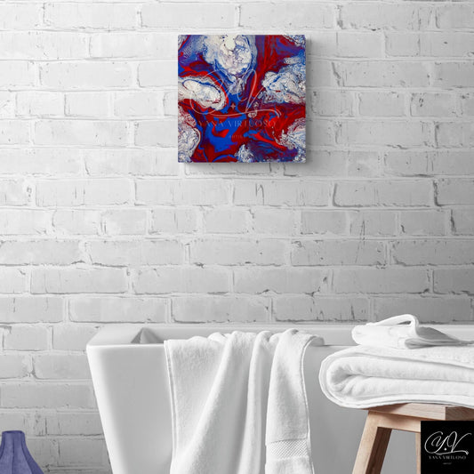 Full view of the "Mountain Rivers" painting set within an interior space, offering a glimpse of how the artwork brings vibrant colors and dynamic natural forces into a room.