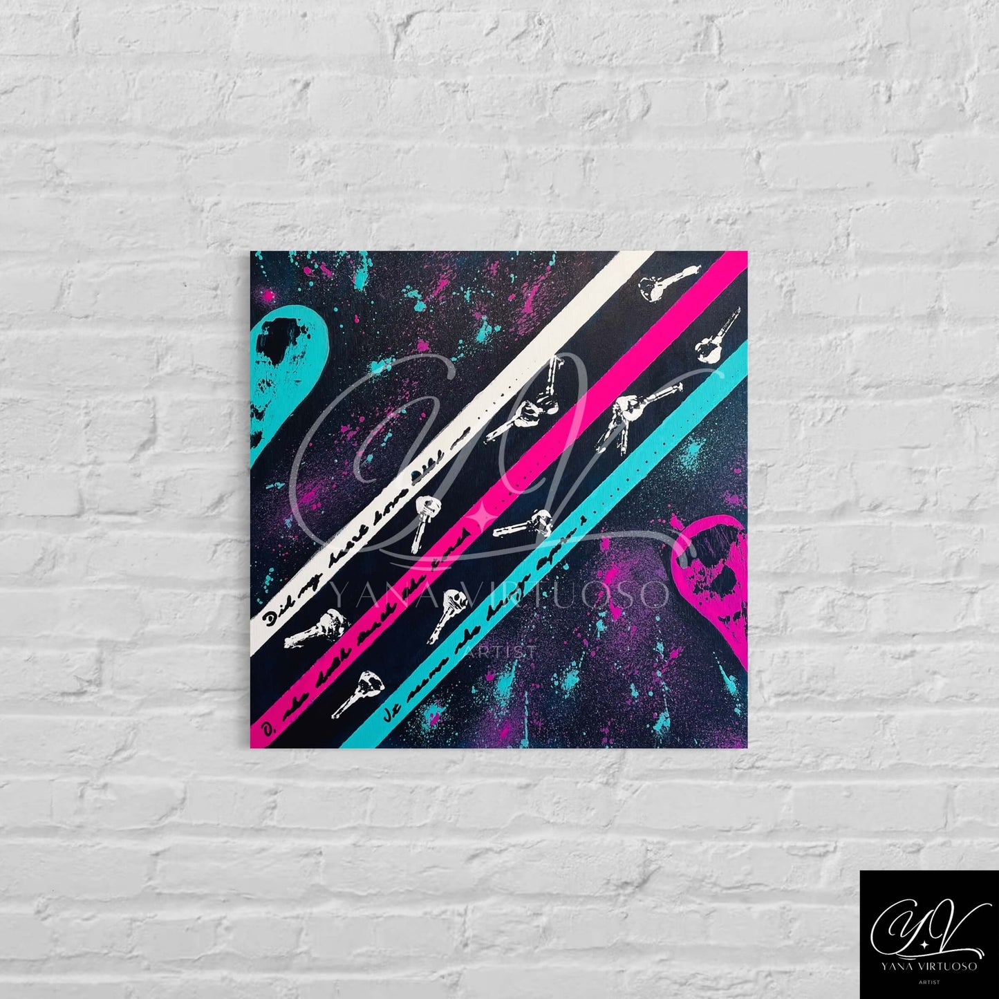 "The Key to Love" painting displayed on a wall, medium shot revealing the surrounding environment.