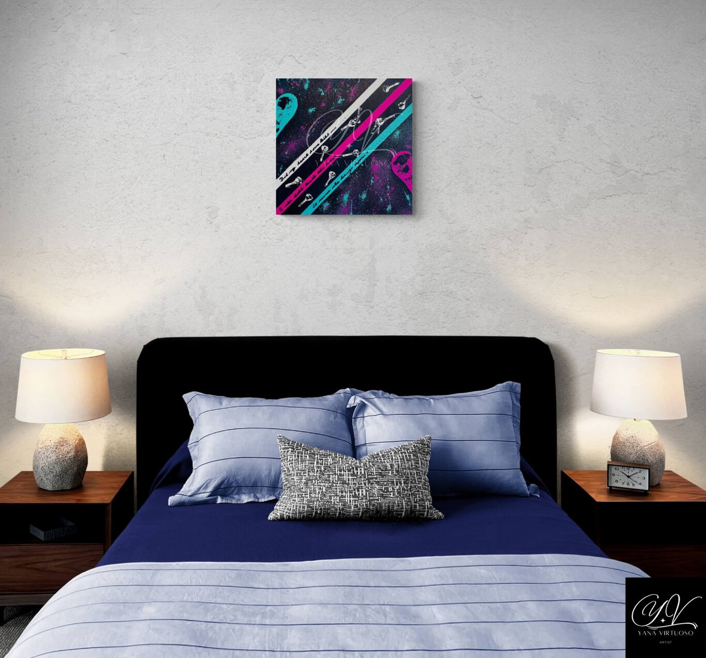 "The Key to Love" painting in a bedroom setting, offering a full view that illustrates its potential in adding a touch of romance and mystery to private spaces.