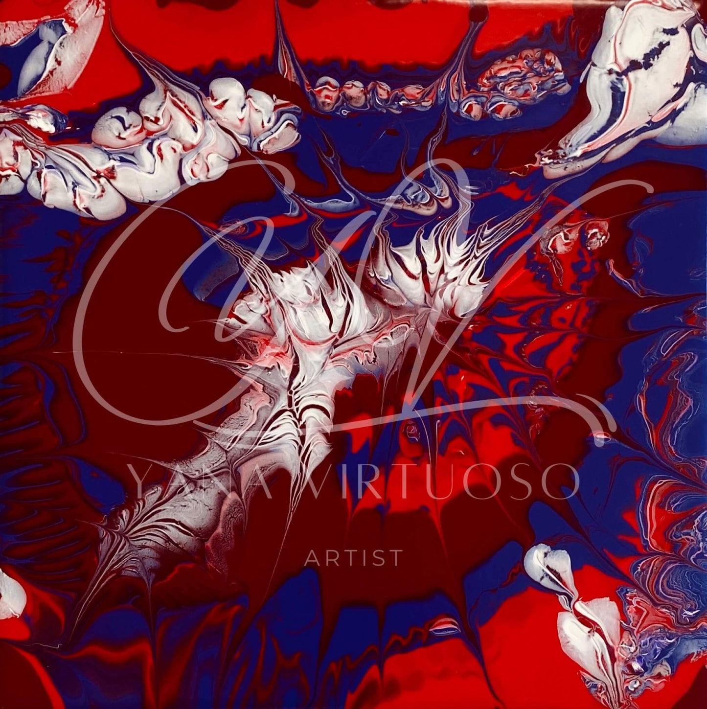 Close-up of the "Undersea World" painting, highlighting the intricate interplay of red, burgundy, and white hues on a purple backdrop, showcasing the fluid art technique.