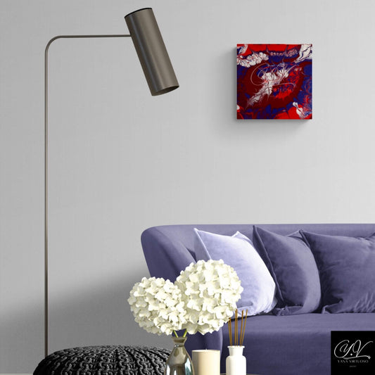 Full view of the "Undersea World" painting situated in a living room interior, showcasing how the artwork complements the room's décor, with its enchanting aquatic hues bringing vibrant energy to the space.