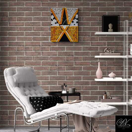 Interior view of Yana Virtuoso's 'Unfinished Story' — a compelling acrylic artwork with contrasting orange and white halves, accented by enigmatic text and symbols, inviting reflection and emphasizing personal narratives. Ready-to-hang canvas with authenticity certificate.