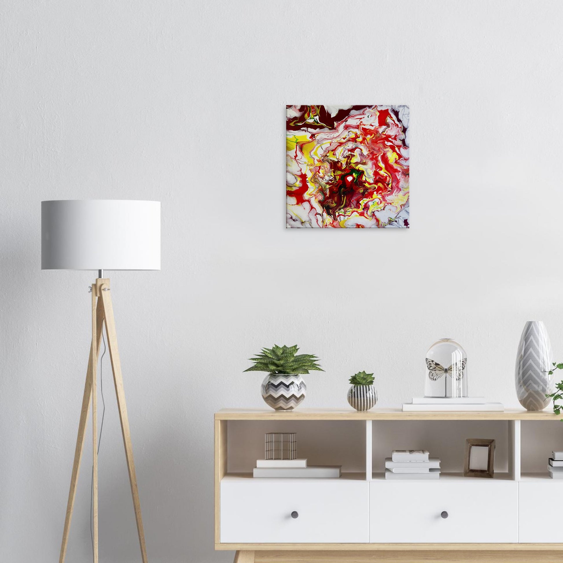 Abstract 'Bonfire' canvas print by Yana Virtuoso in a home setting, radiating warmth and energy with its bright, passionate colors.