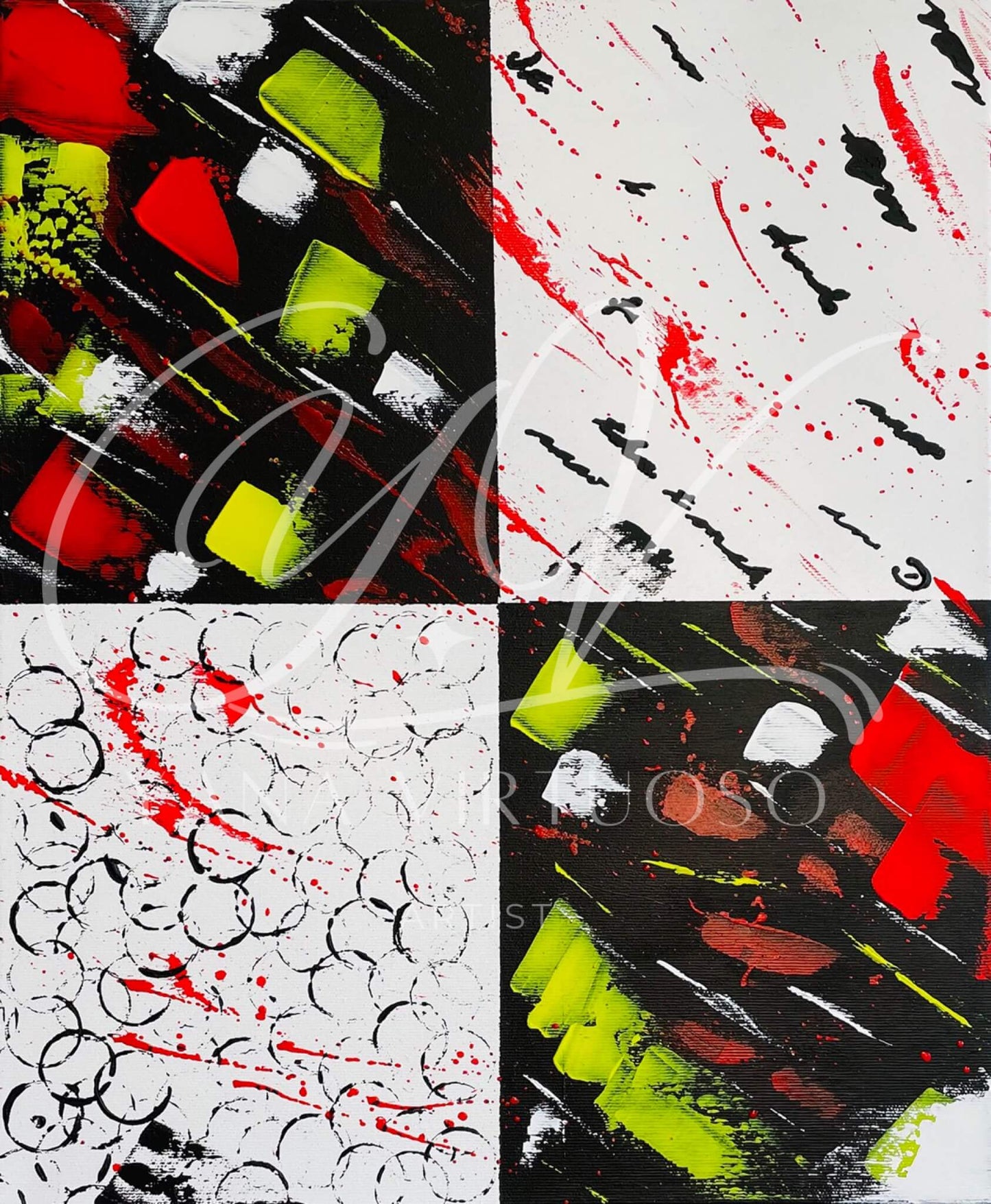 Close-up view of "Flight of Human Emotions" revealing the vibrant interplay of red and yellow hues with expressive brush strokes and splashes against a canvas divided into black and white sections, symbolizing a range of emotions.