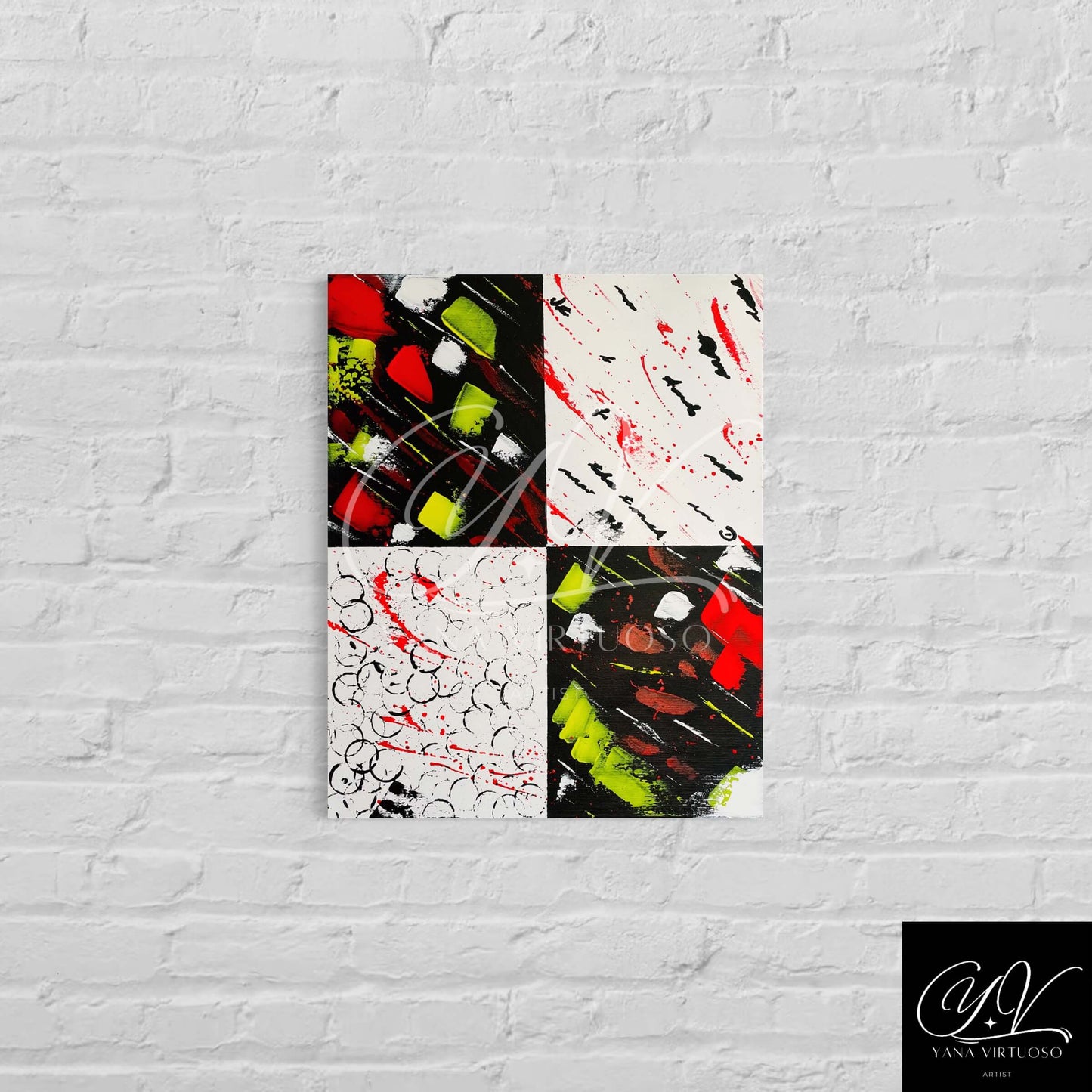 Medium shot of "Flight of Human Emotions" painting hanging on a wall, showcasing the contrast between its vibrant reds and yellows against the black and white sections, portraying the intricacies of human emotions.