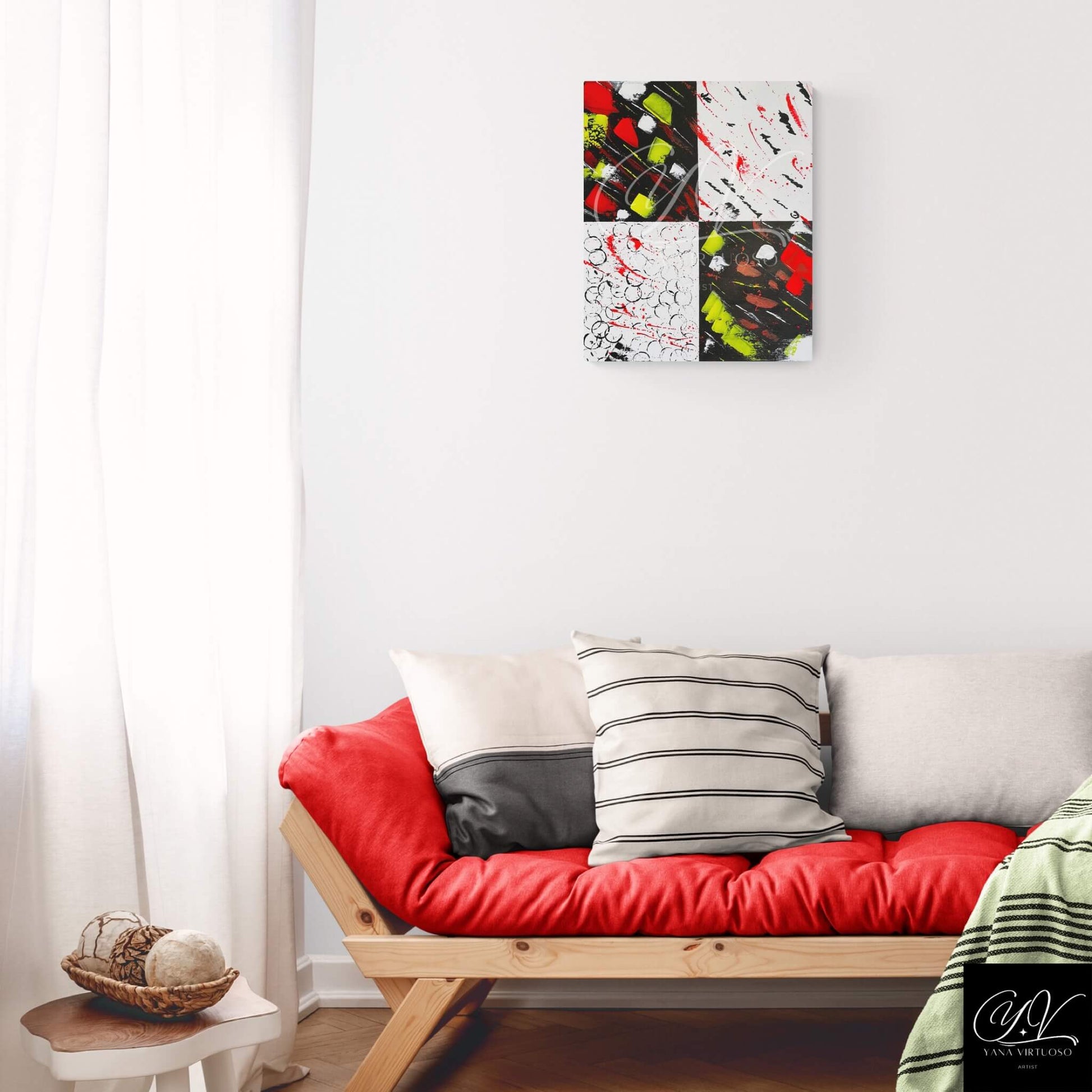 Full view of "Flight of Human Emotions" displayed in a living room interior, integrating the emotional depth and vibrant colors of the artwork into the home environment, encouraging reflection and complementing the room's aesthetics.