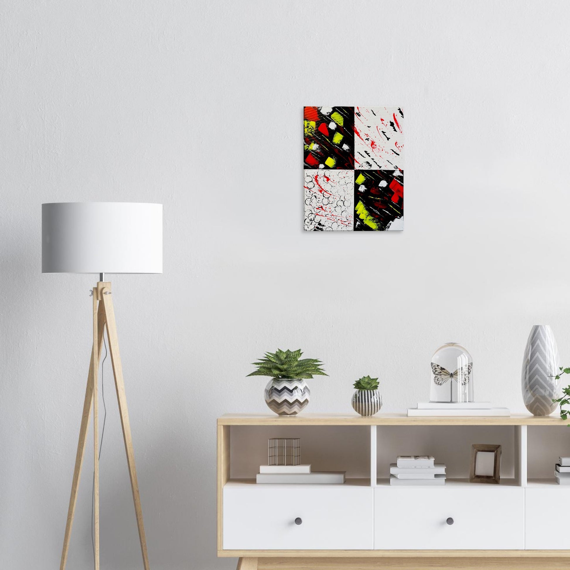 Yana Virtuoso's 'Flight of Human Emotions' canvas print in a living room setting, showcasing the piece's vibrant palette and emotive energy, harmonizing with the interior and enriching the home's ambiance.