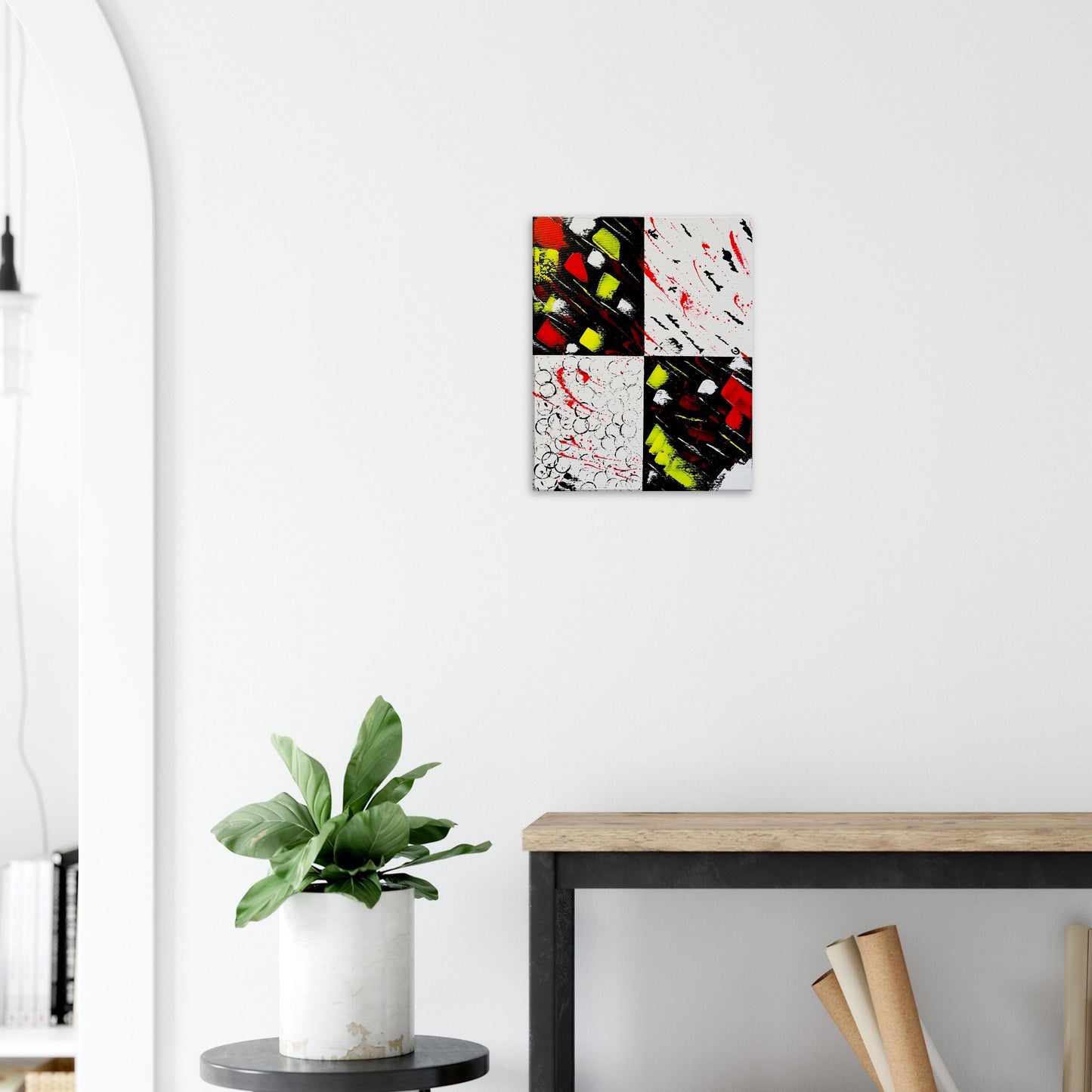 The 'Flight of Human Emotions' canvas print by Yana Virtuoso in full view within a living room, blending the artwork's vivid hues and emotional resonance with the room's decor, inviting contemplation and enhancing the space.