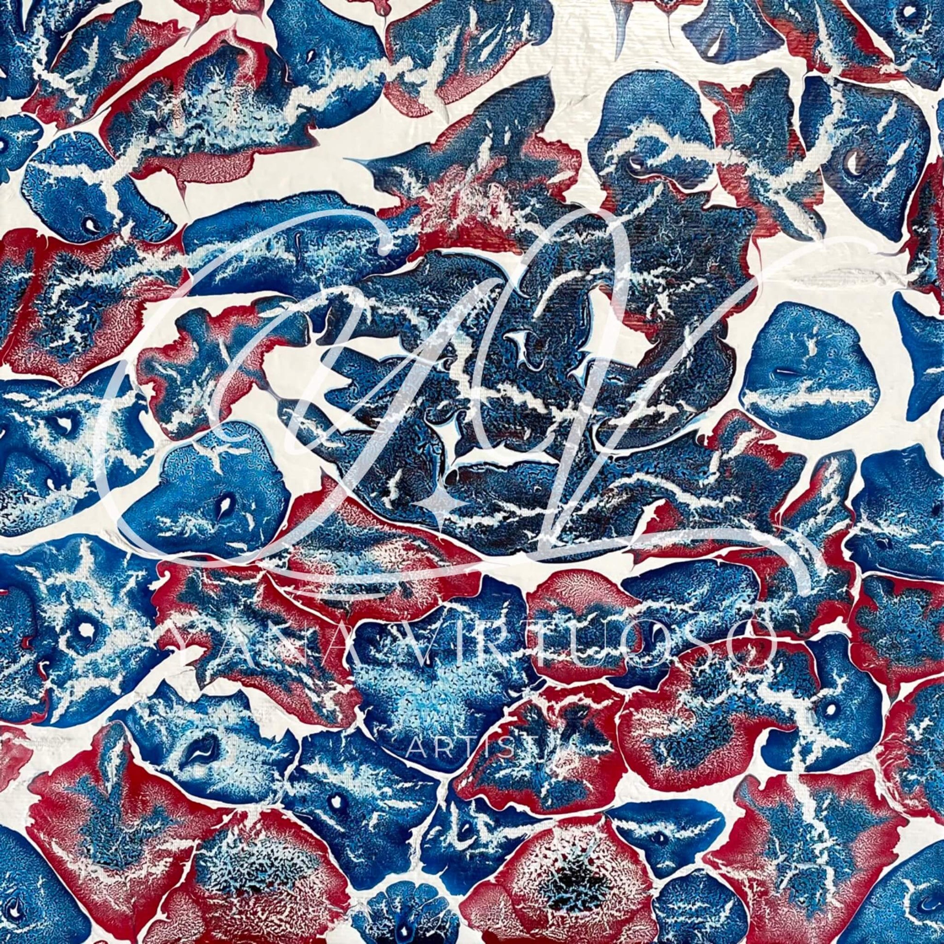 Close-up view of the "Marine Animals" painting highlighting the rich interplay of red and blue tones with white accents, illustrating the vibrant underwater life through fluid art technique.