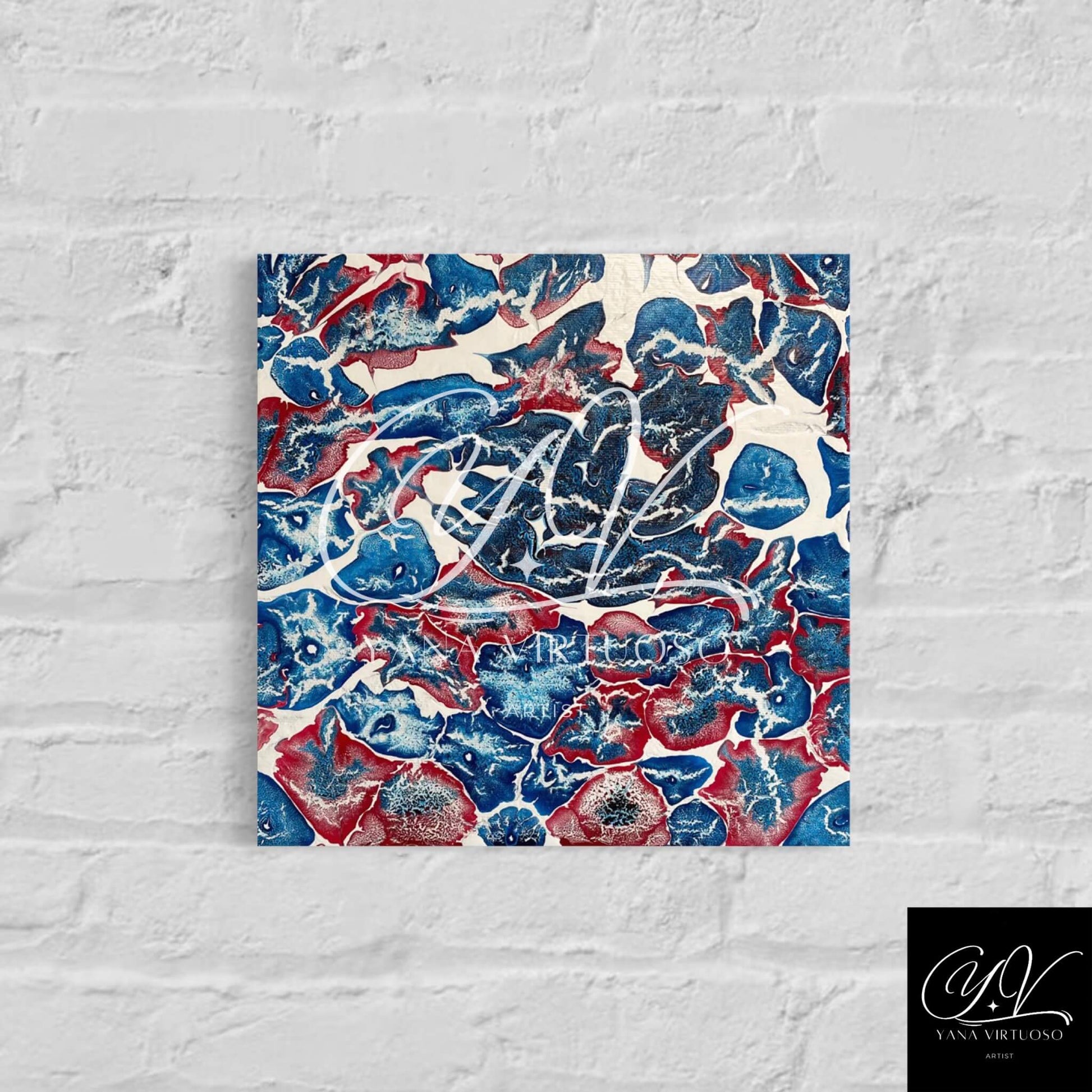 Medium shot of the "Marine Animals" painting hung on a wall, showcasing its full canvas and the vivid portrayal of aquatic life through swirls of red, blue, and white.