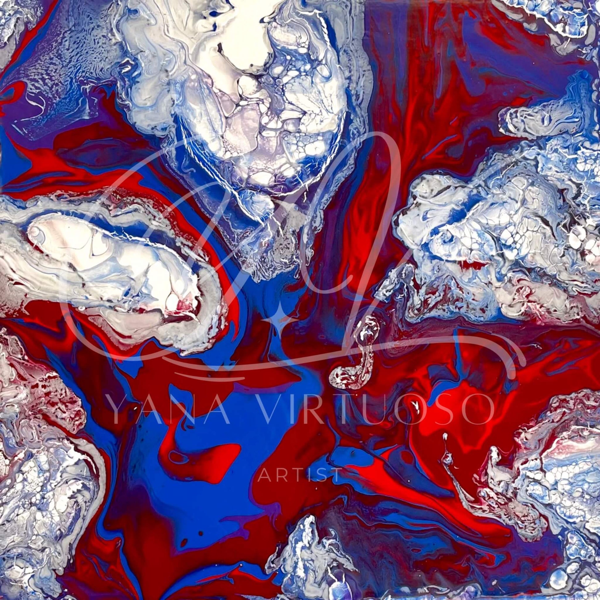 Close-up view of "Mountain Rivers" painting highlighting the intricate details of the fluid art technique and vibrant interplay of red and blue hues depicting mountains and rivers.