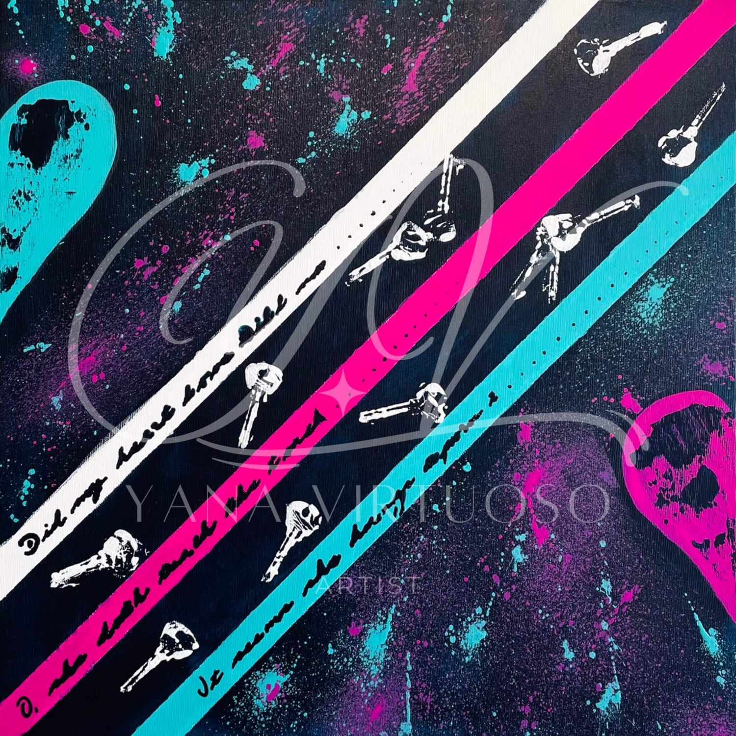 Close-up view of "The Key to Love" showcasing detailed brushstrokes and splashes, highlighting the vibrant interplay of pink and turquoise colors.