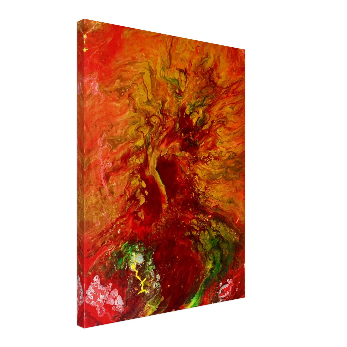 Close-up of 'The Tree of Life' canvas print, a fiery blend of red and green hues, symbolizing vitality, available in Yana Virtuoso's art shop.