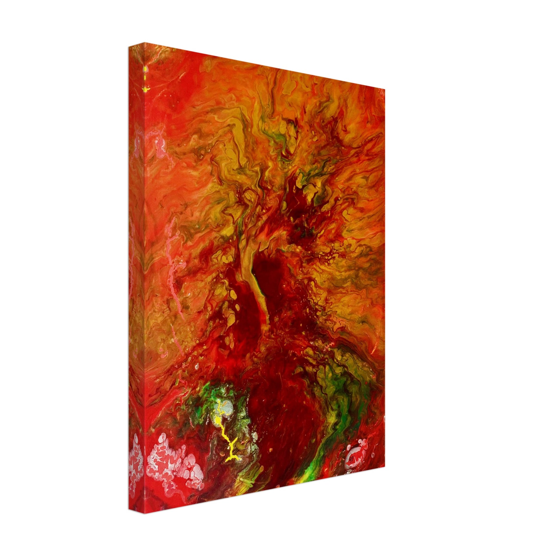 Close-up of 'The Tree of Life' canvas print, a fiery blend of red and green hues, symbolizing vitality, available in Yana Virtuoso's art shop.