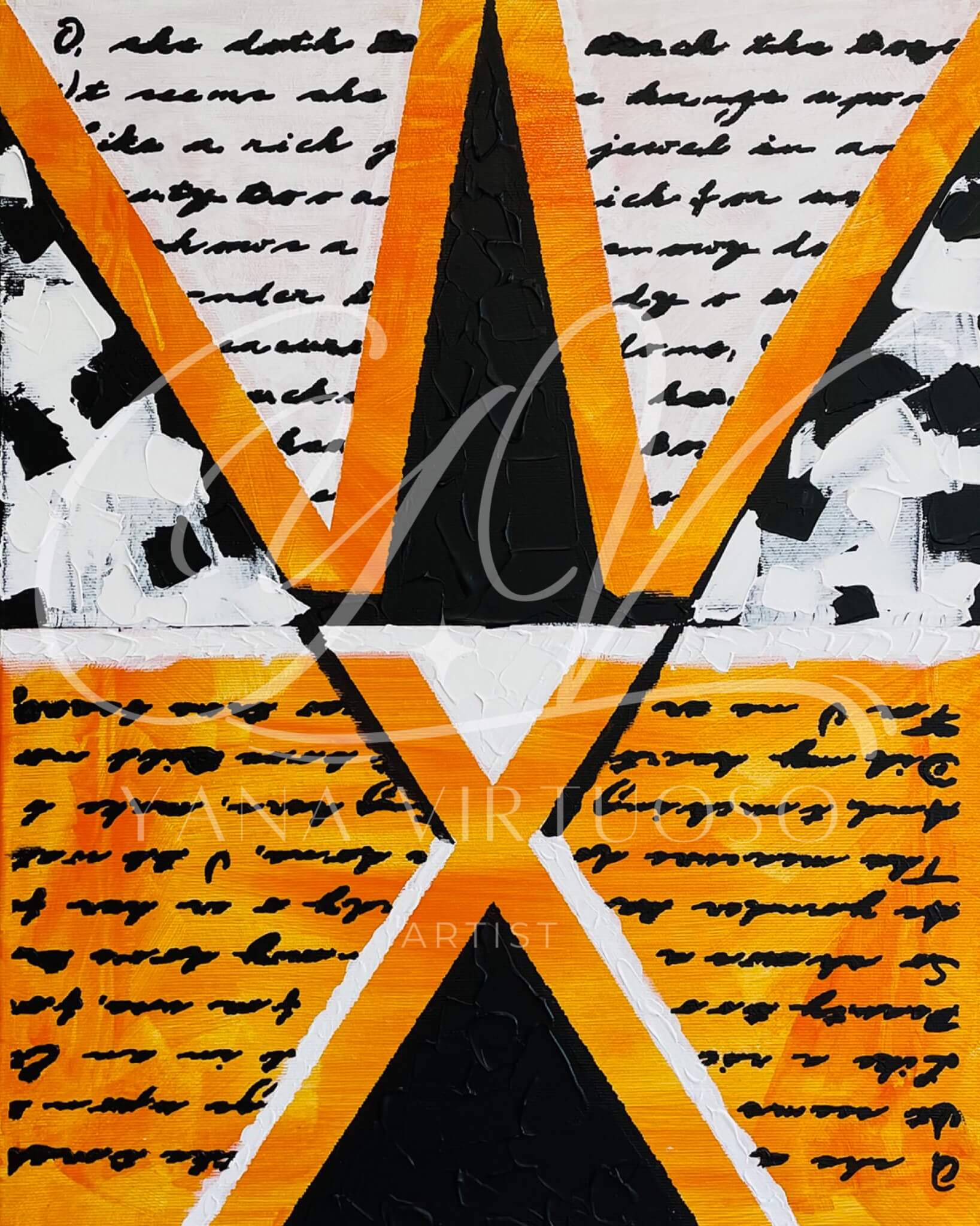 Close-up view of the "Unfinished Story" painting highlighting the detailed text elements and the contrast between the vibrant orange and pristine white sections.