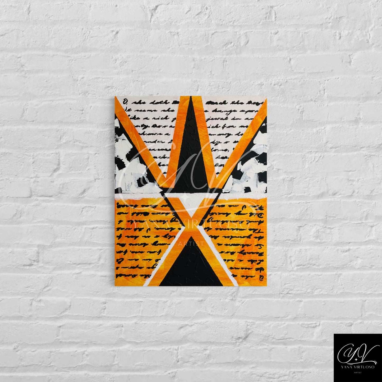 Medium shot of the "Unfinished Story" painting hanging on the wall, showcasing the interplay of orange and white colors with black elements.