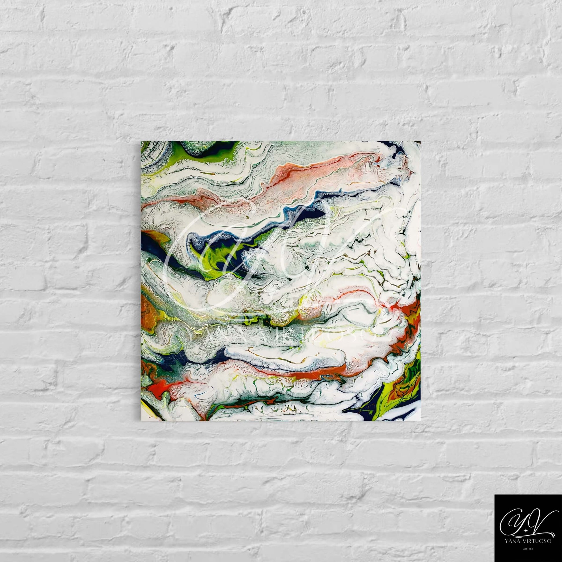 "Waves" painting displayed at a medium distance, hanging on a wall, showcasing its full form in the interior context.