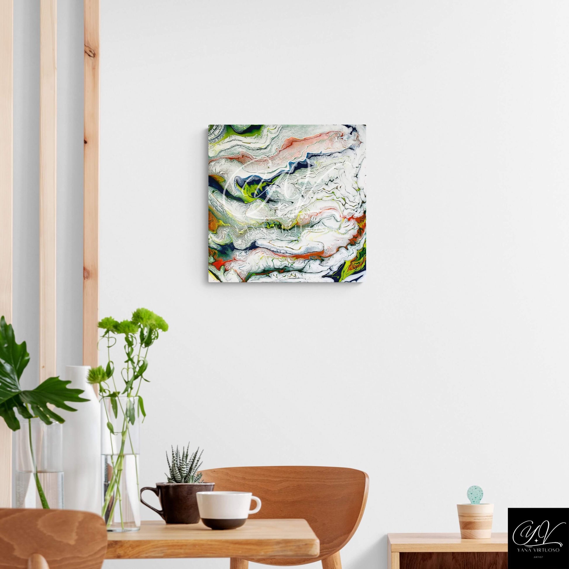 "Waves" painting hanging in the dining area of a home, showcasing the vibrant interplay of colors in a fluid art style, full view.